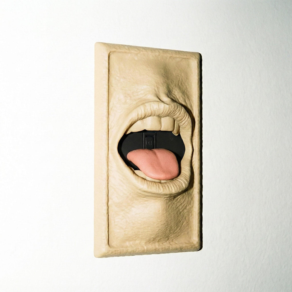 Lick It Up mouth switch cover on a wall